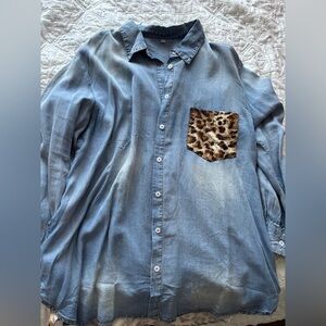 Denim Shirt 2X with Leopard Print Pocket